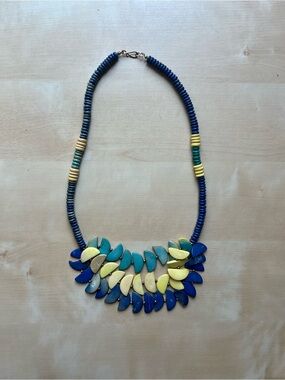 Artisan Boho Chunky Blue Teal & Yellow Statement Beaded Bib Necklace